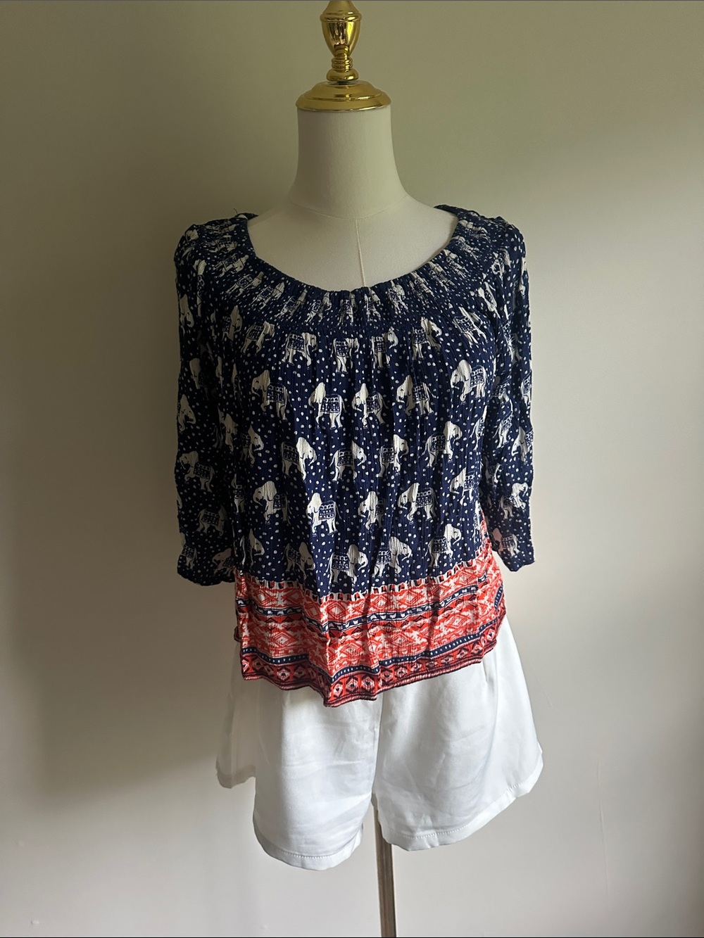 BCNU Boho Navy Off-Shoulder Tunic with Coral Border
